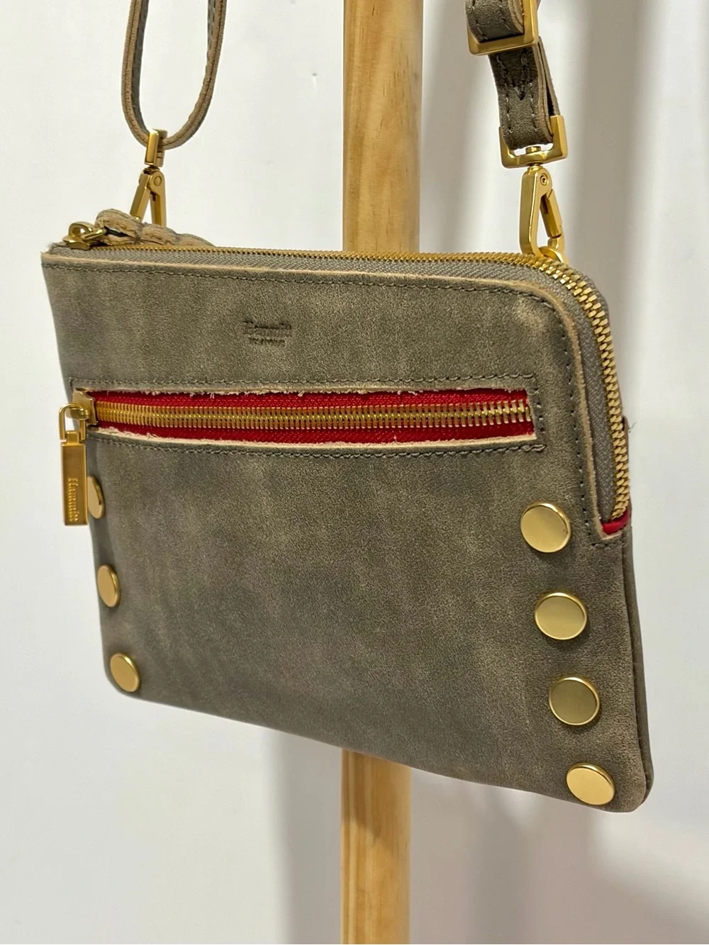 Hammitt Nash Small Crossbody Wristlet/Crossbody In Pewter/Brushed Gold/Red Zip